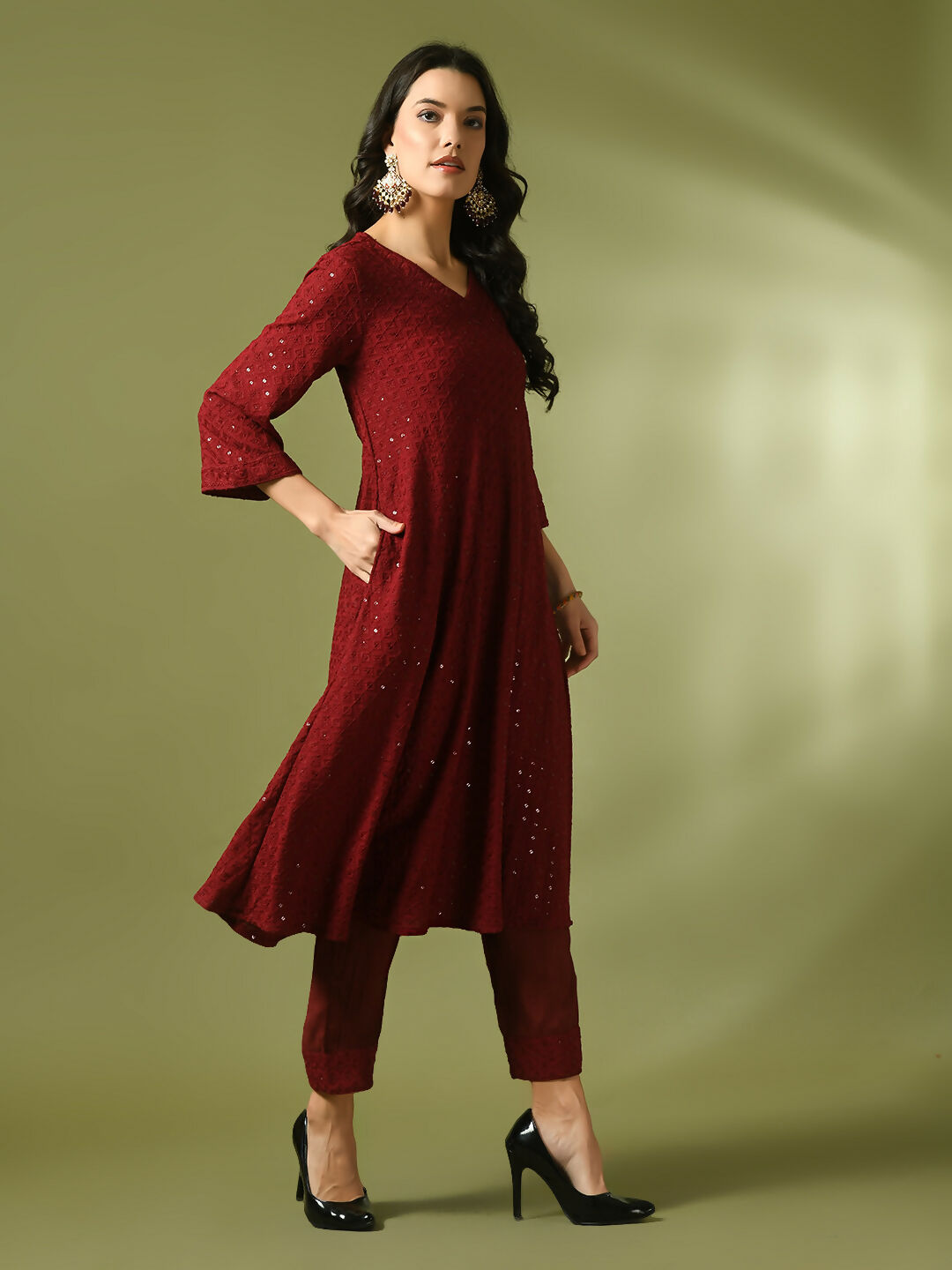 Myshka Women's Maroon Embroidered Cotton A-Line Party Kurta Set With Dupatta