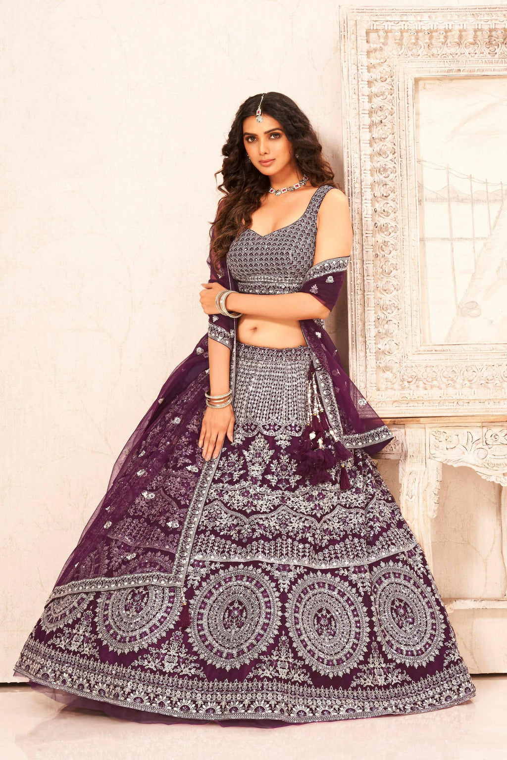 Purple Soft Net Embroidery sequence work Lehenga Choli with Dupatta - Dhvani