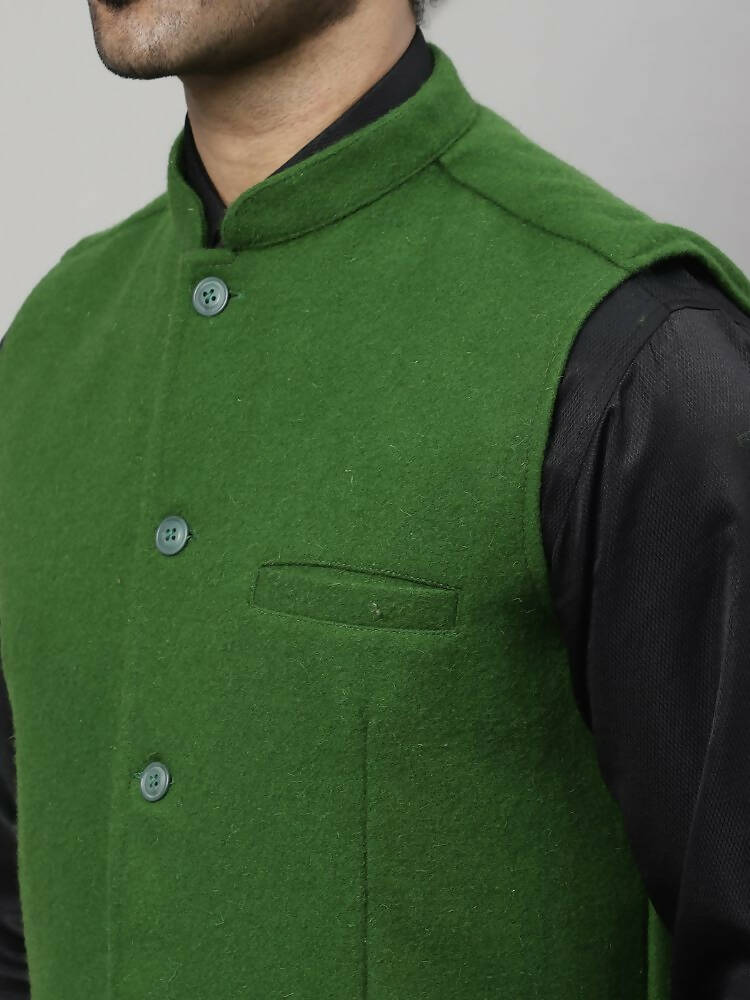 Even Apparels Pure Wool Nehru Jacket - Green