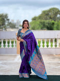 Vedant Vastram Soft Litchi Silk Paithani Jacquard Saree - Violet