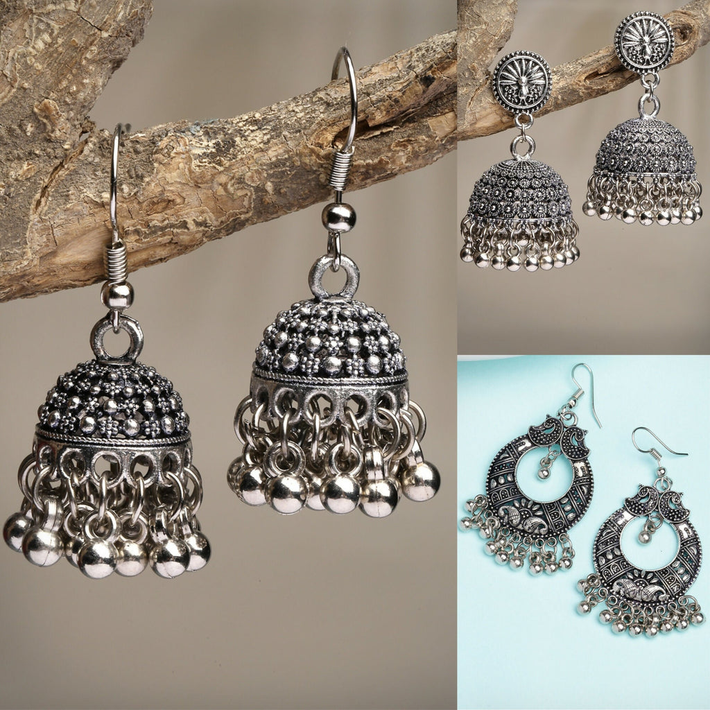 NVR Women's Set of 3 Silver-Toned German Silver Oxidised Dome Shaped Jhumka Earrings - Distacart