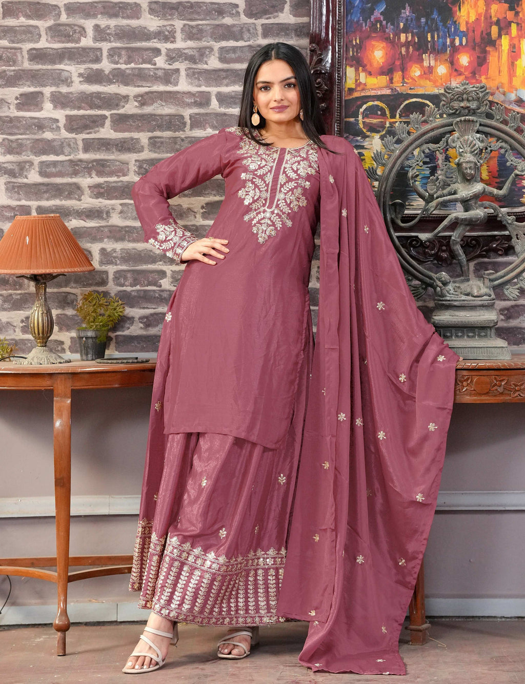 Lehenga Mart Designer Chinon Suit With Sequence Embroidered Work - Pink
