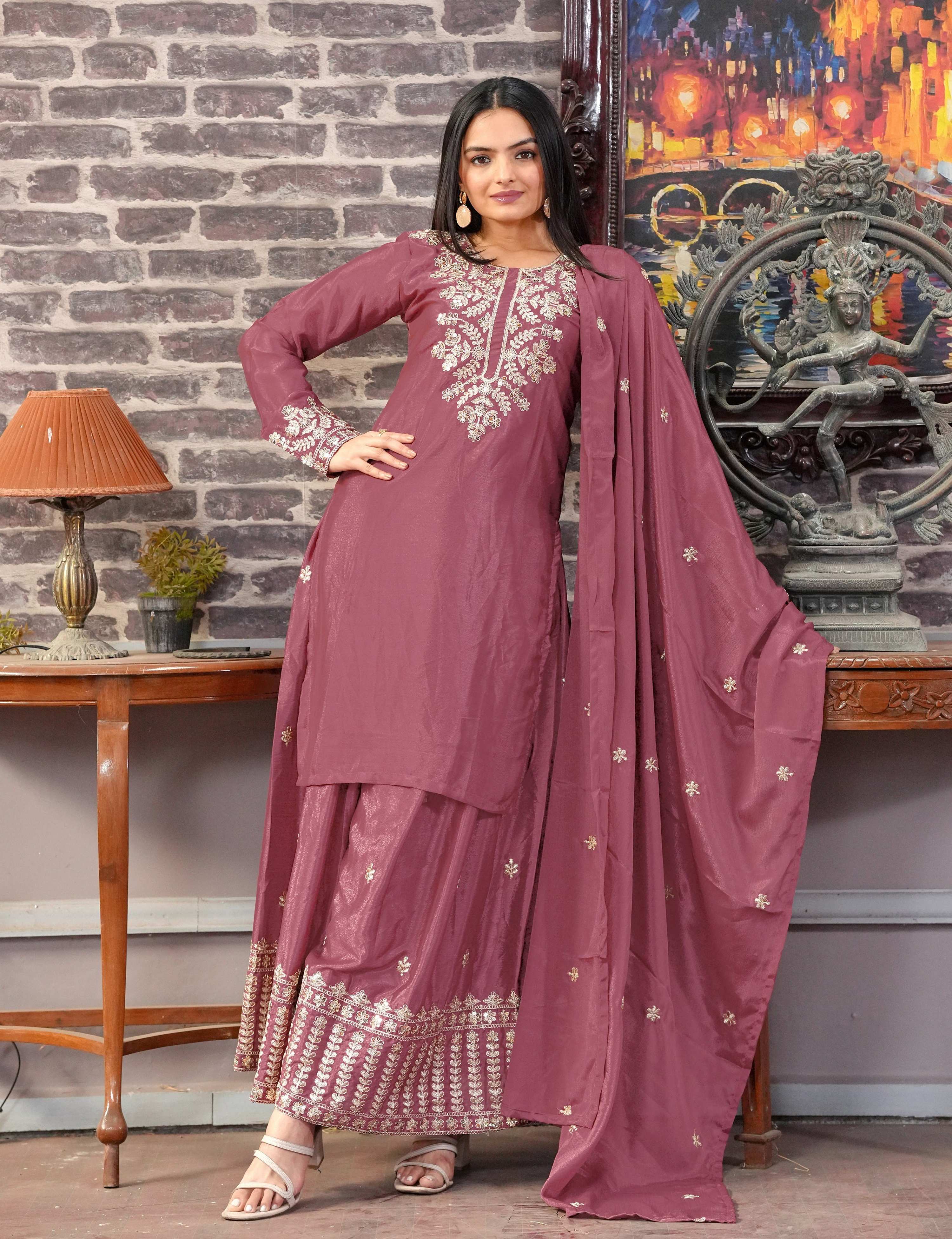 Lehenga Mart Designer Chinon Suit With Sequence Embroidered Work - Pink