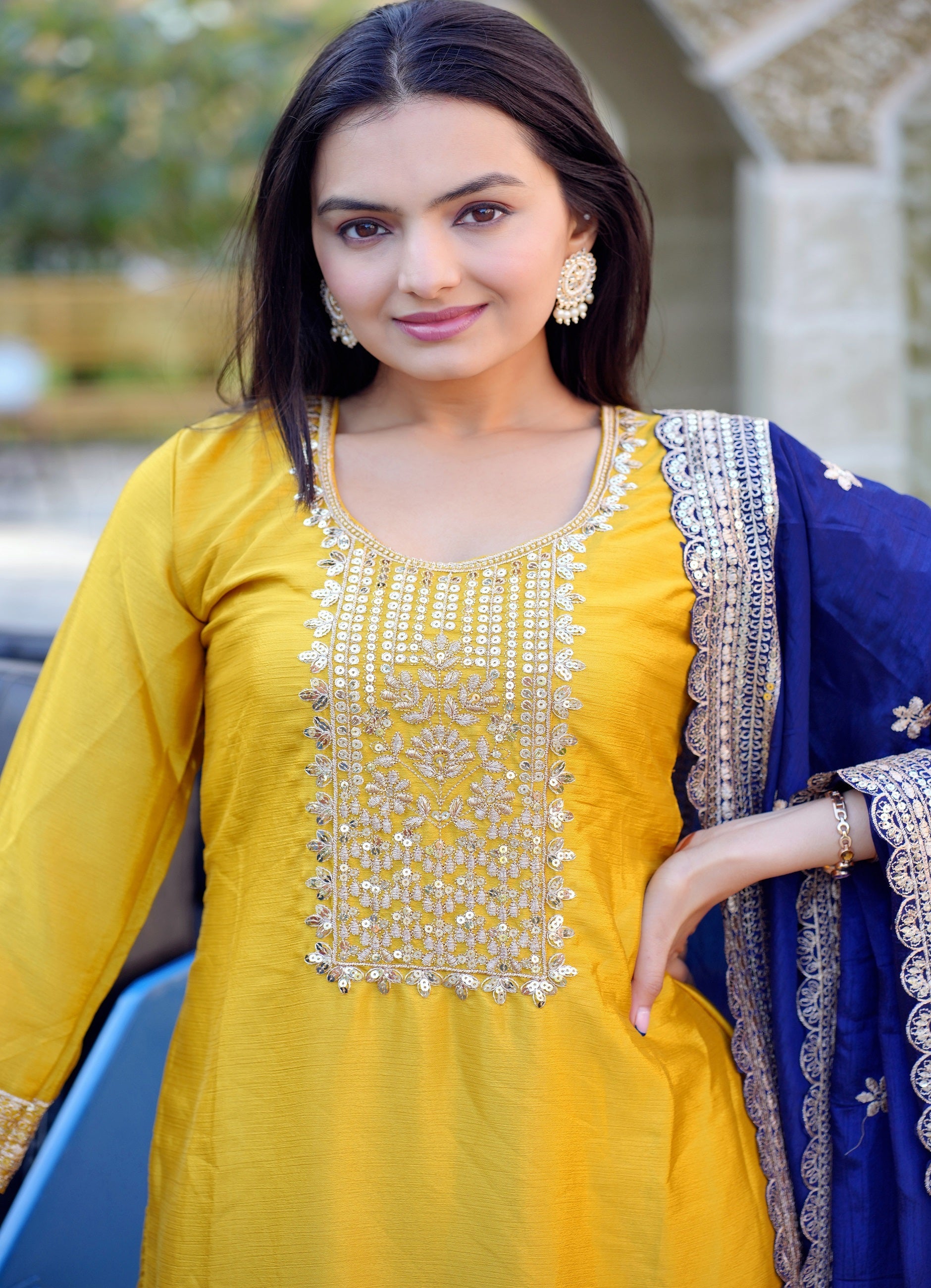 Lehenga Mart Designer Chinon Suit With Sequence Embroidered Work - Yellow