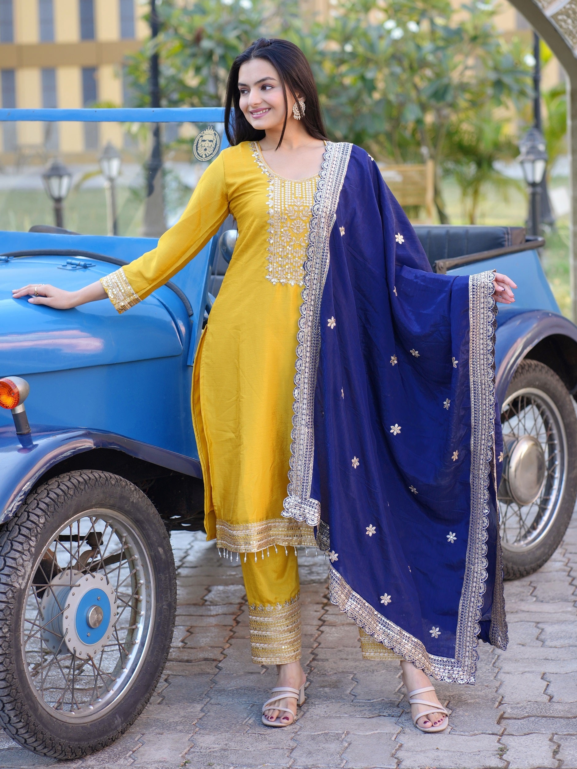 Lehenga Mart Designer Chinon Suit With Sequence Embroidered Work - Yellow