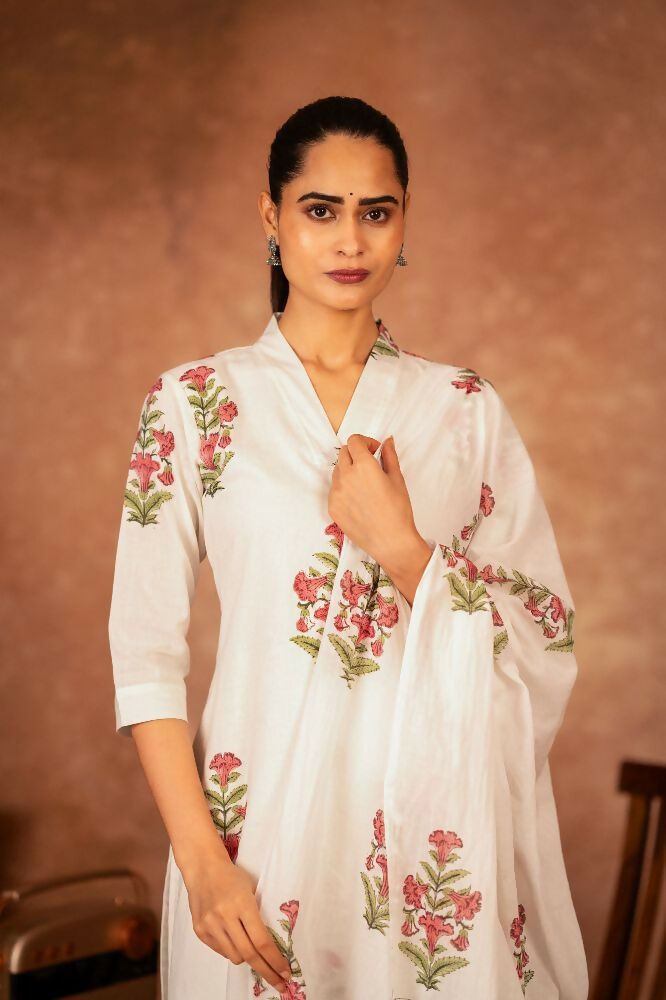 Joban Fashion Off White Pink Hand Block Printed Cotton Suit Set - Distacart