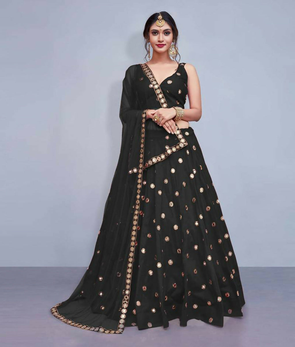 Jyoti Fashion Beautiful Black Embroidered with Mirror work Art Silk Party Wear Lehenga Choli with Dupatta