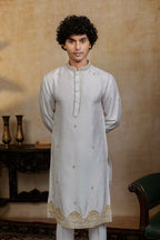 Falling Raw Silk White Mandala Kurta Set By Hilo Design