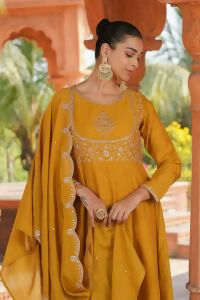 The52 Women's Beautiful Vichitra Silk Fabric Embroidery Work Flared Anarkali Pant and Dupatta Set - Distacart