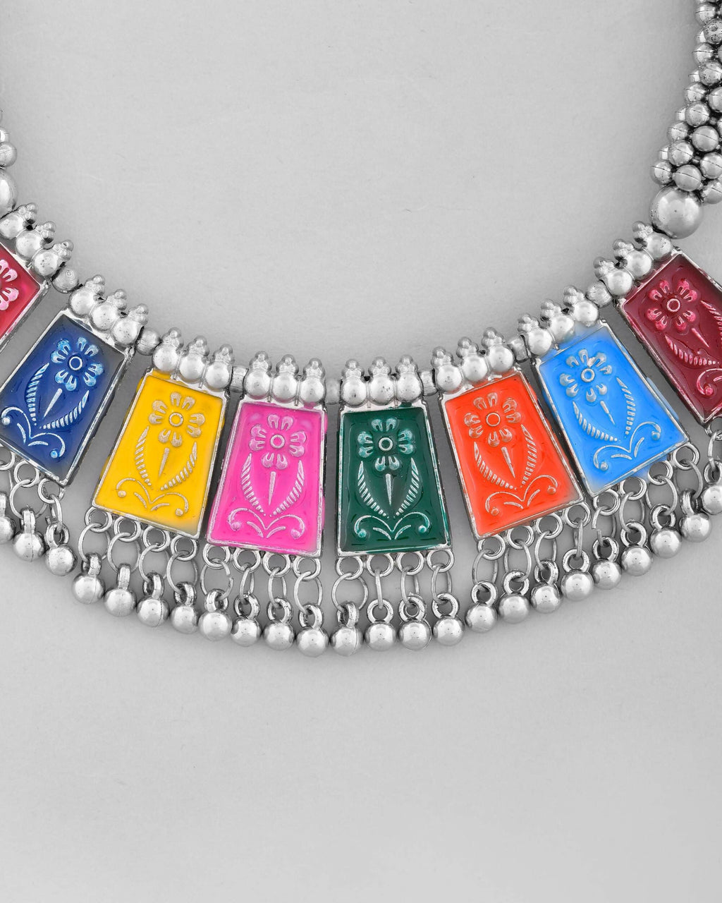 VOJ Silver Plated Oxidized Multi Color Hasli with Earring Set