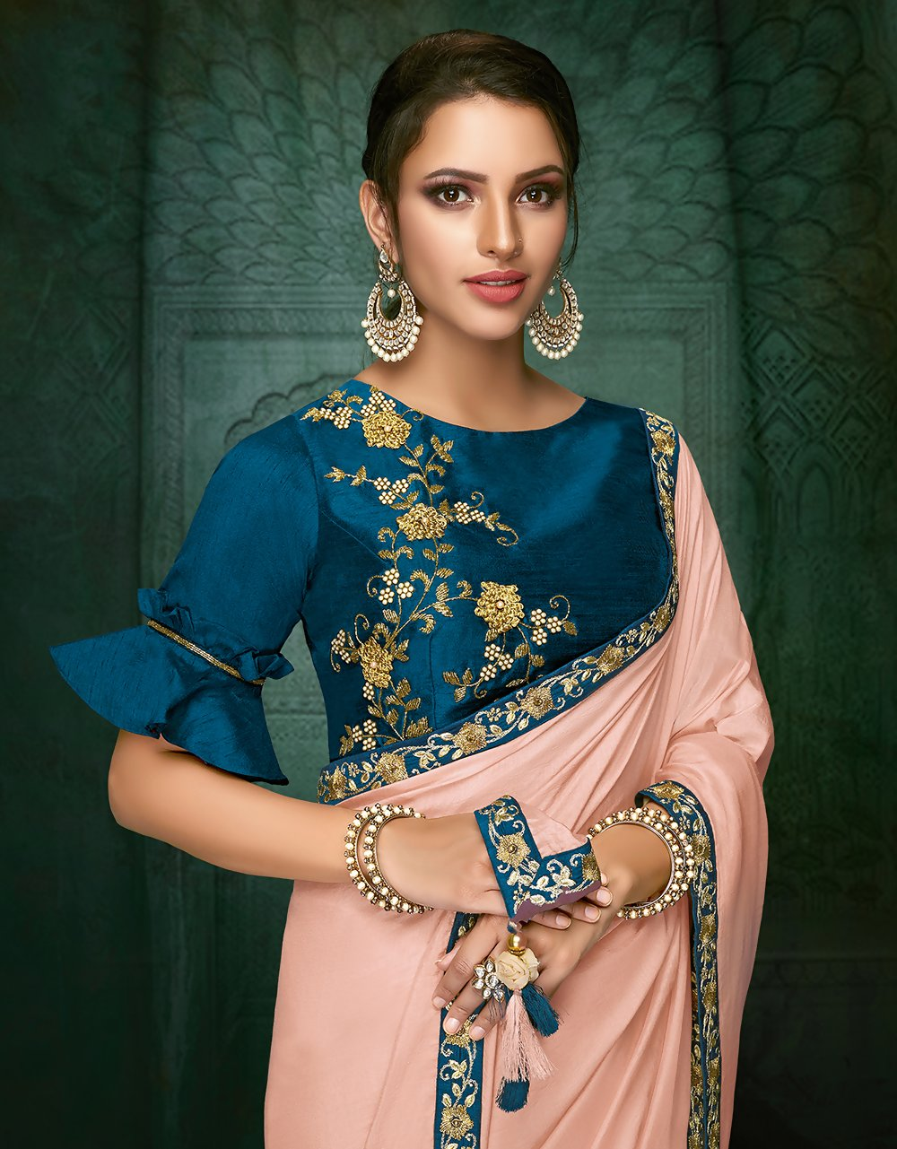 Peach Satin Silkzari And Cord Embroidery, Hand Work Saree - Norita Hit