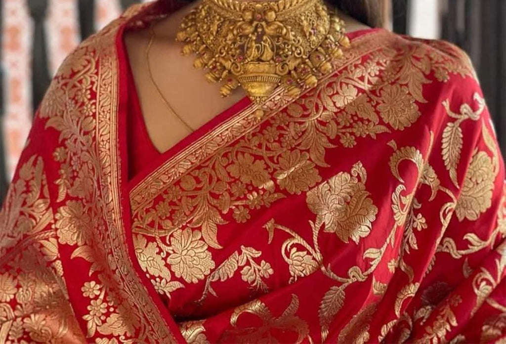 Vamika Weaving Banarasi Jacquard Red Kanjivaram Saree