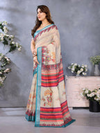 PR Fashion Cream Handloom Linen Cotton Saree