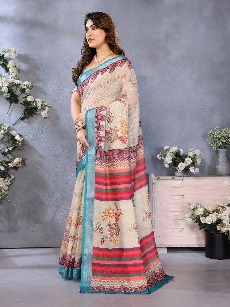 PR Fashion Cream Handloom Linen Cotton Saree