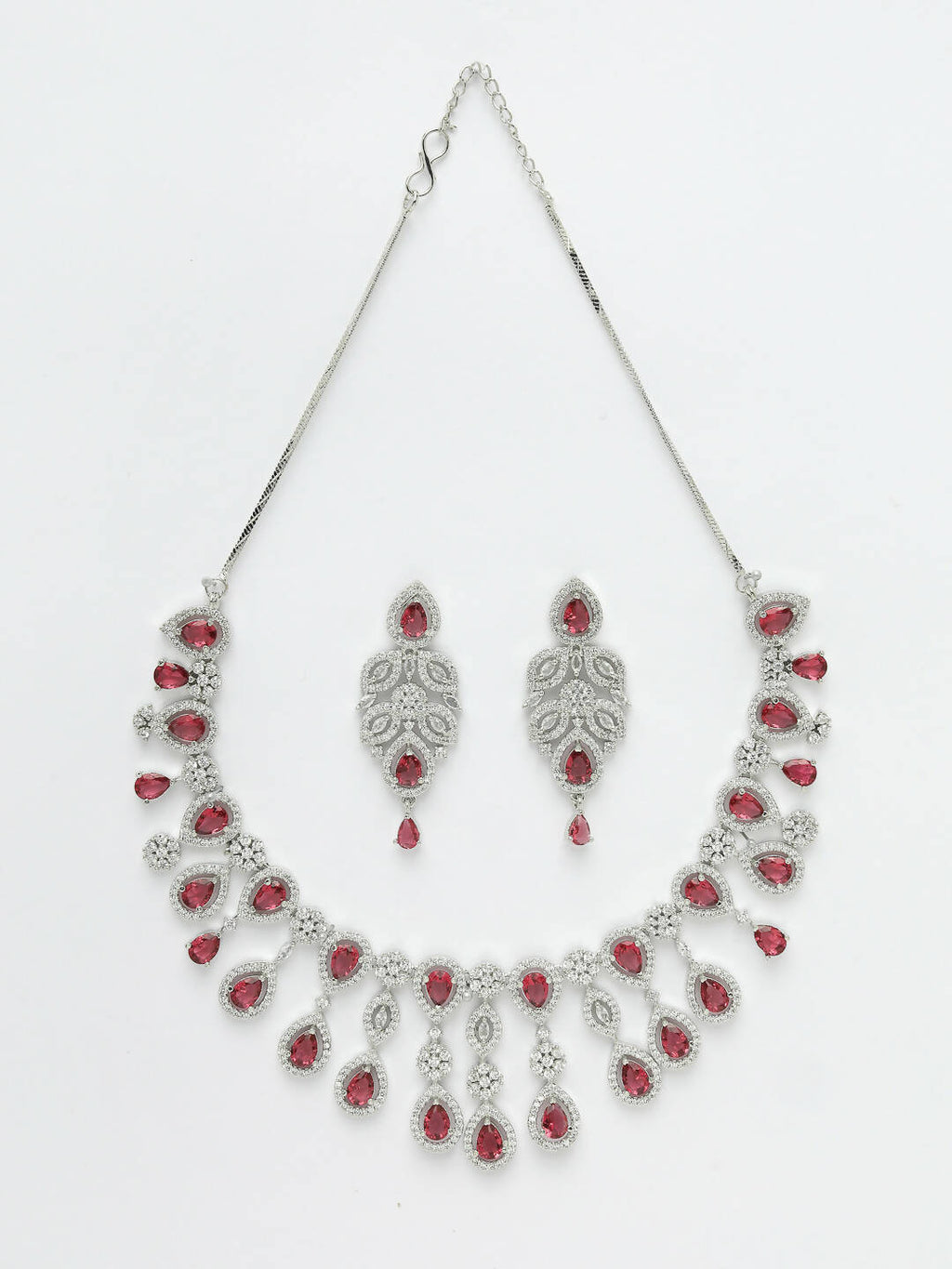 NVR Women Silver Plated & Maroon Cz Stone Handcrafted Jewellery Set
