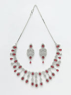 NVR Women Silver Plated & Maroon Cz Stone Handcrafted Jewellery Set