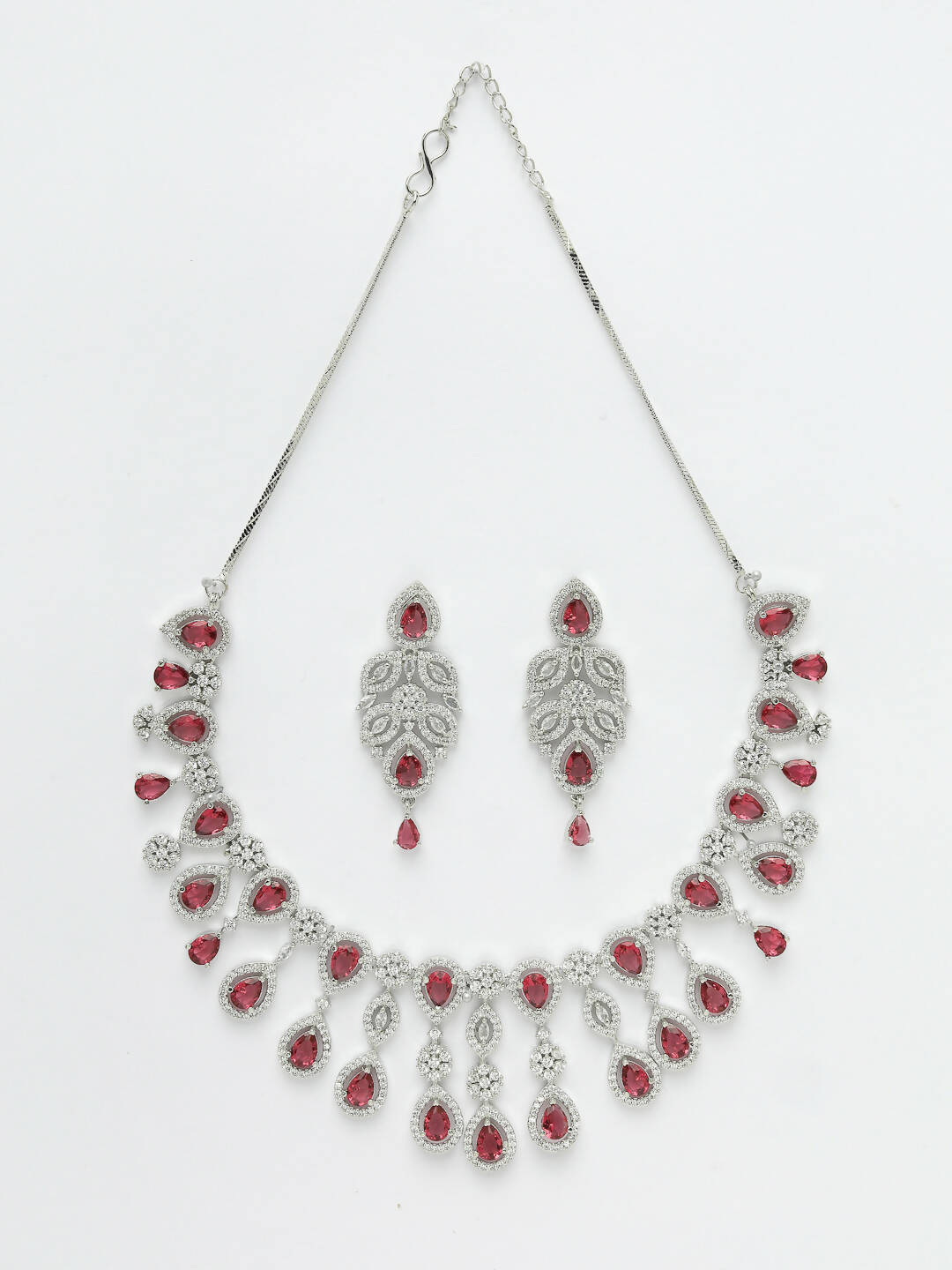 NVR Women Silver Plated & Maroon Cz Stone Handcrafted Jewellery Set