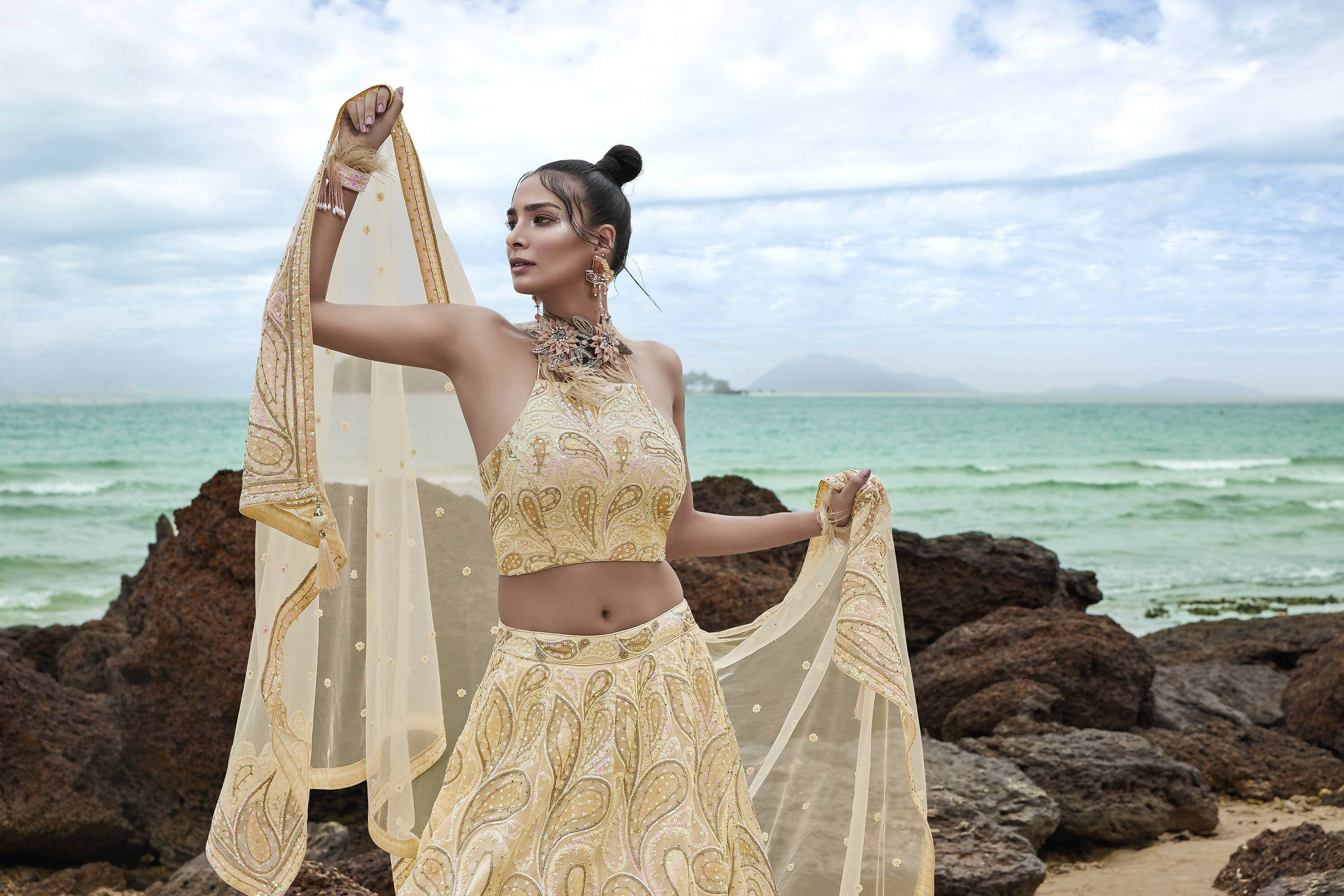House of Panchhi Cream Net Multi Sequins with heavy Zarkan embroidery Lehenga choli & Dupatta