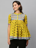 Olive Green & Black Pure Cotton Printed A-Line Top - Bosky