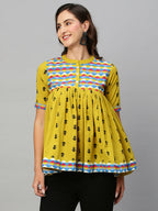 Olive Green & Black Pure Cotton Printed A-Line Top - Bosky