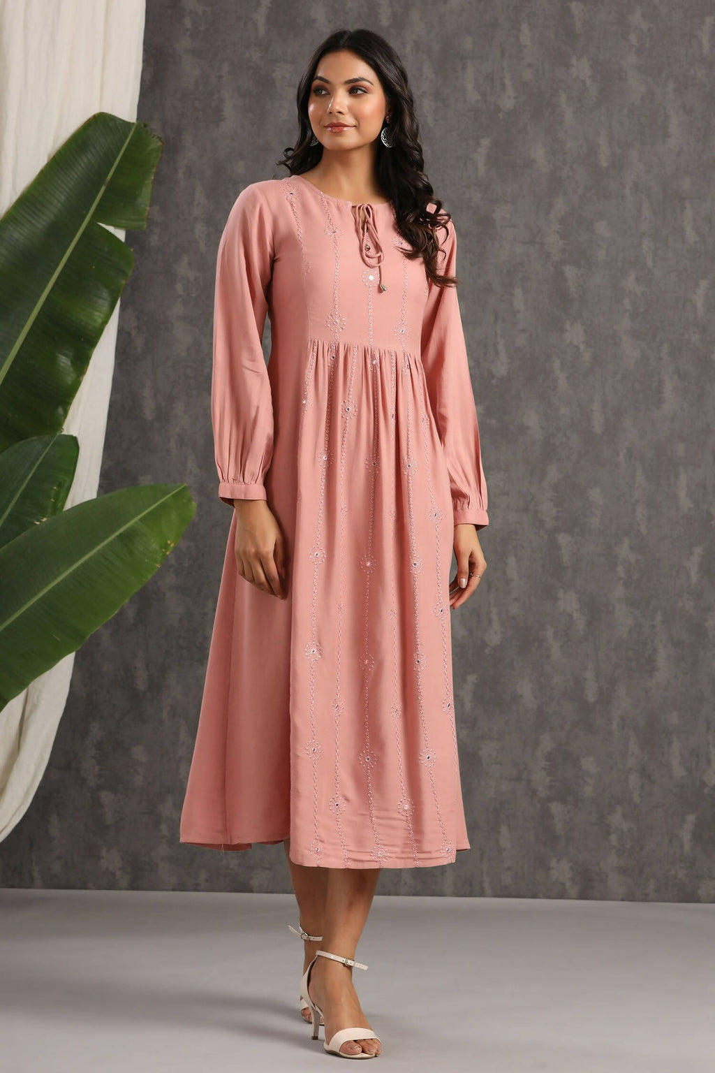Juniper Womens Onion Pink Rayon Solid Maxi Dress With Mirror Embroidery And Full Sleeve - Distacart