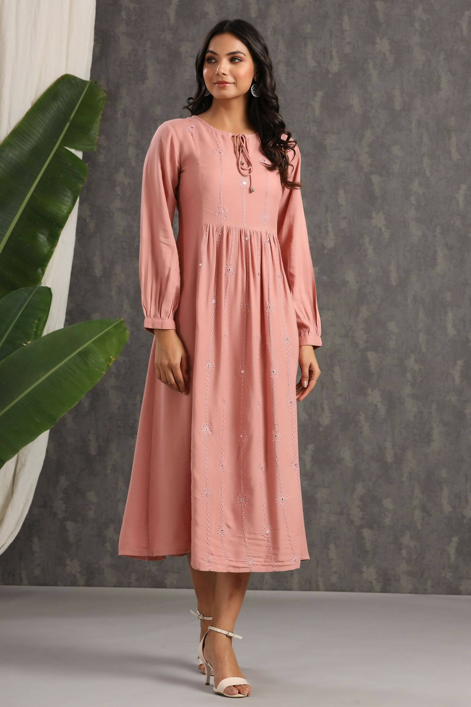 Juniper Womens Onion Pink Rayon Solid Maxi Dress With Mirror Embroidery And Full Sleeve - Distacart