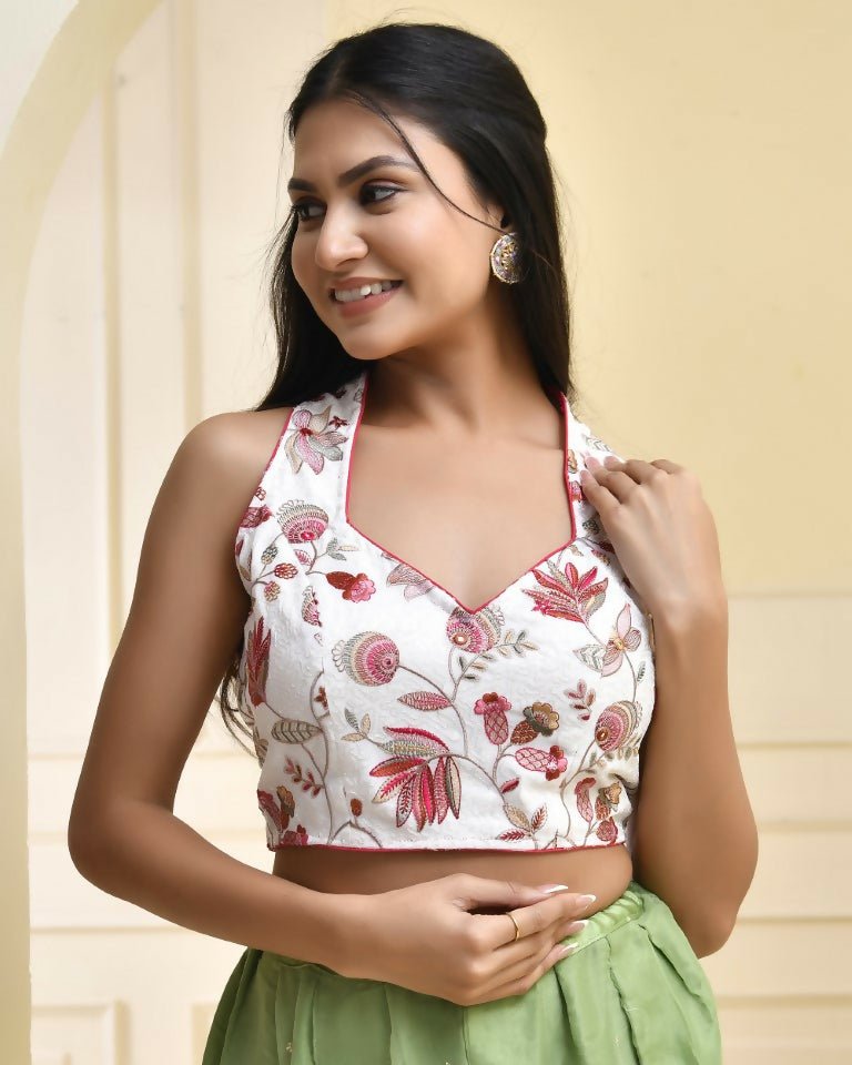 Amodini Designer Studio Floral White Halter Neck Sequined Blouse