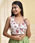 Amodini Designer Studio Floral White Halter Neck Sequined Blouse