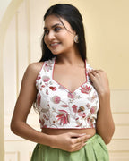 Amodini Designer Studio Floral White Halter Neck Sequined Blouse