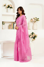 Joban Fashion Pink Floral Linen Ready To Wear Saree With Unstitched Blouse - Distacart