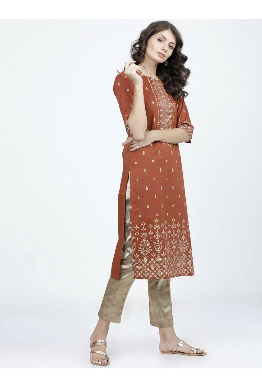 Indian Clothing Cheera Embellished Daily Wear Cotton Blend Kurta - Brown