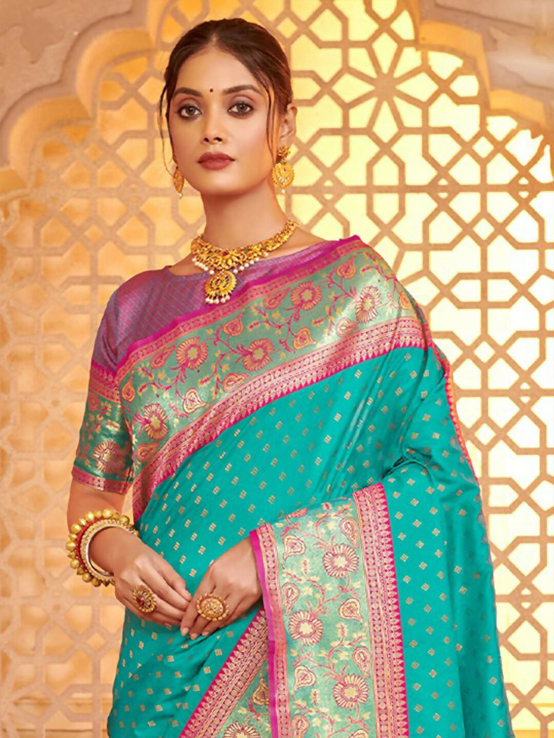 Shree Shyam Fashion Silk Blend Sea Green Saree - Distacart