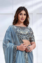 Blue Crepe satin silk Cord & Sequence Embroidered Saree - Mohmanthan Majestica - Distacart