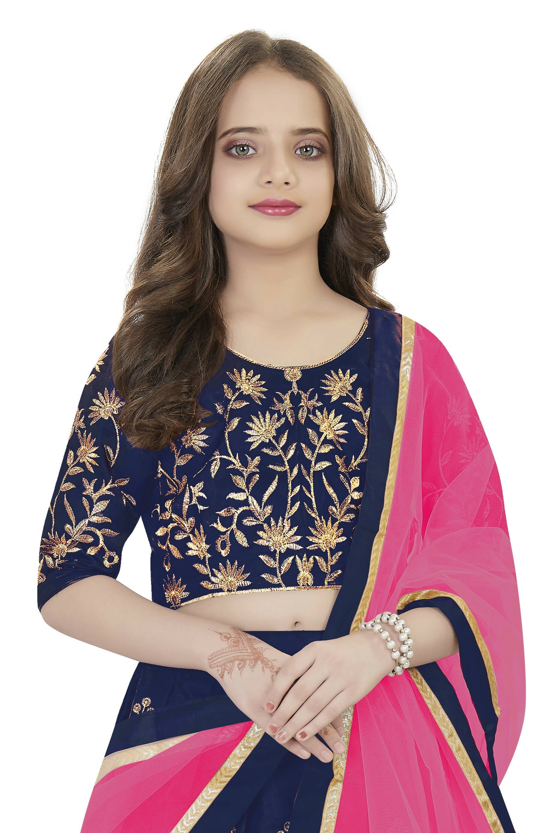 Dwiden Navy Blue Rohini Tafetta Sattin Semi-Stitched Girl's Lehenga Choli