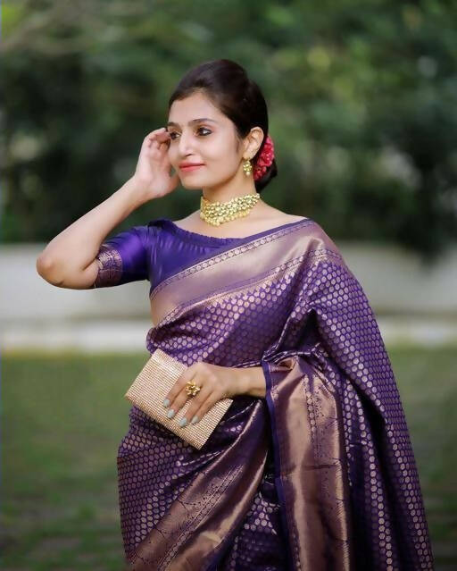 DEIANA'S Beautiful Designer Golden zari Soft Lichi Silk Saree - Purple