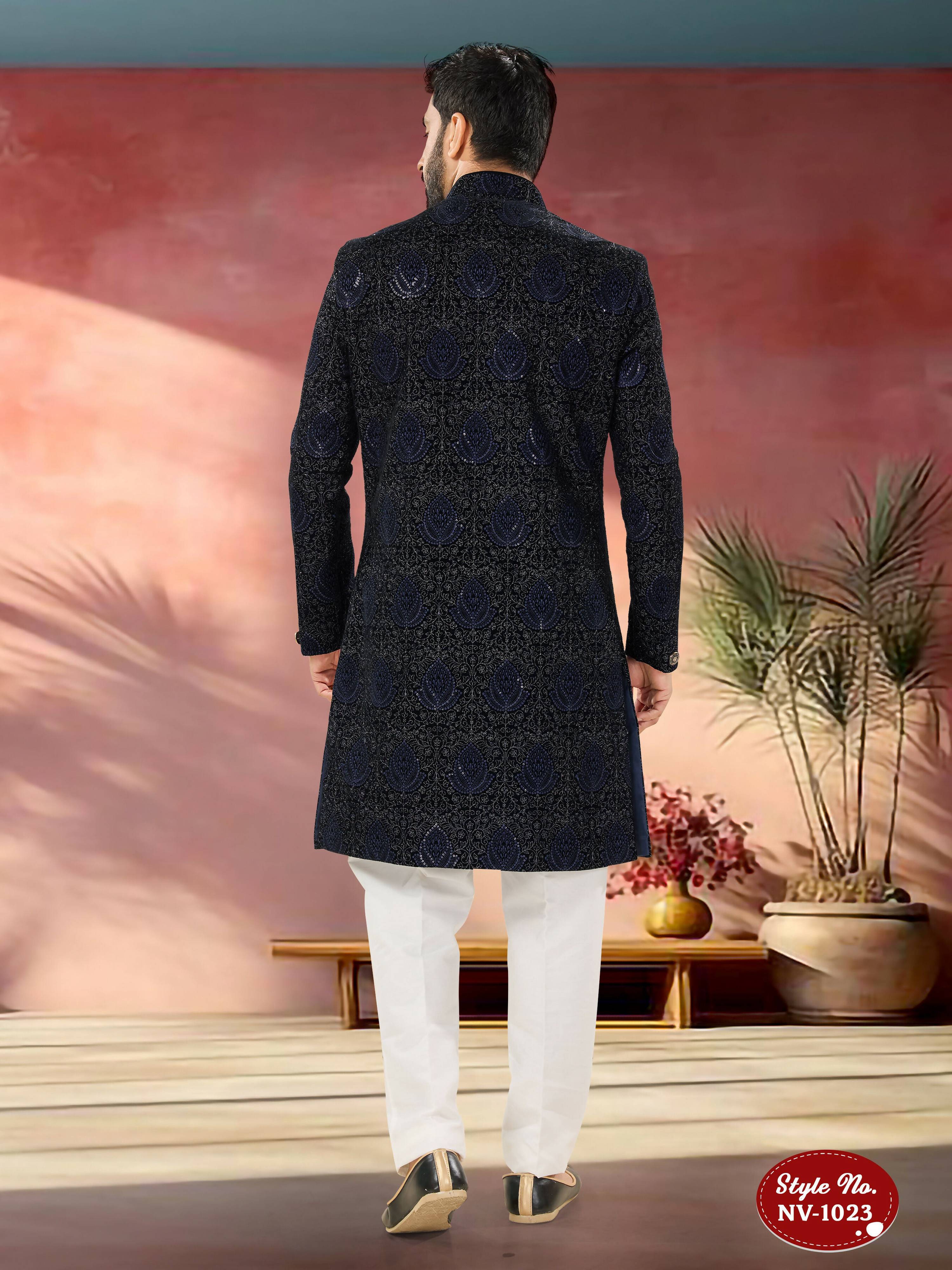Joban Fashion Men's Blue Base Straight Velvet Thread And Sequence Embroidary All Over Indo-Western Kurta Set