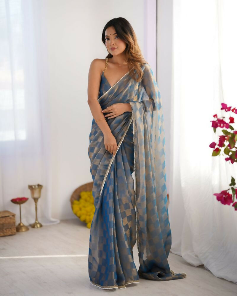 NC Chiffon Chex Wevon Chex Designer, Lace Party Wear Saree - Blue