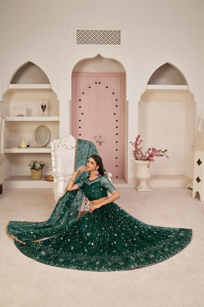 Aastha Fashion Parrot Green Butterfly Net All Over Thread Work, Zari Work And Sandwich Sequence Work Embroidery Wedding Wear Lehenga Choli