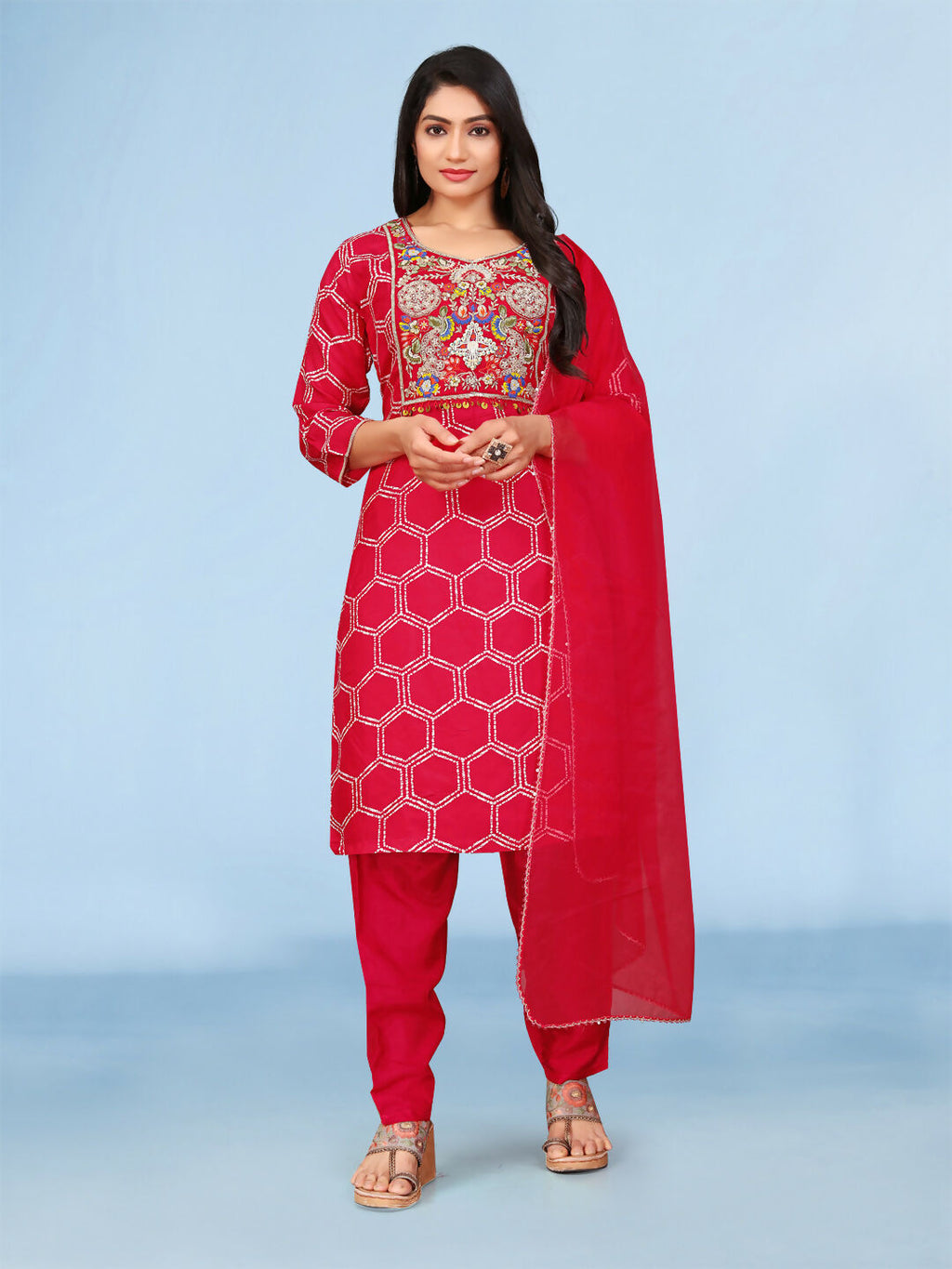 Joban Fashion Red Cotton Premium Pure Viscose Print Dola With Handwork Kurta set