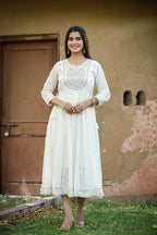Kaajh Women's White Floral Embroidered Cotton Ethnic Dress - Distacart
