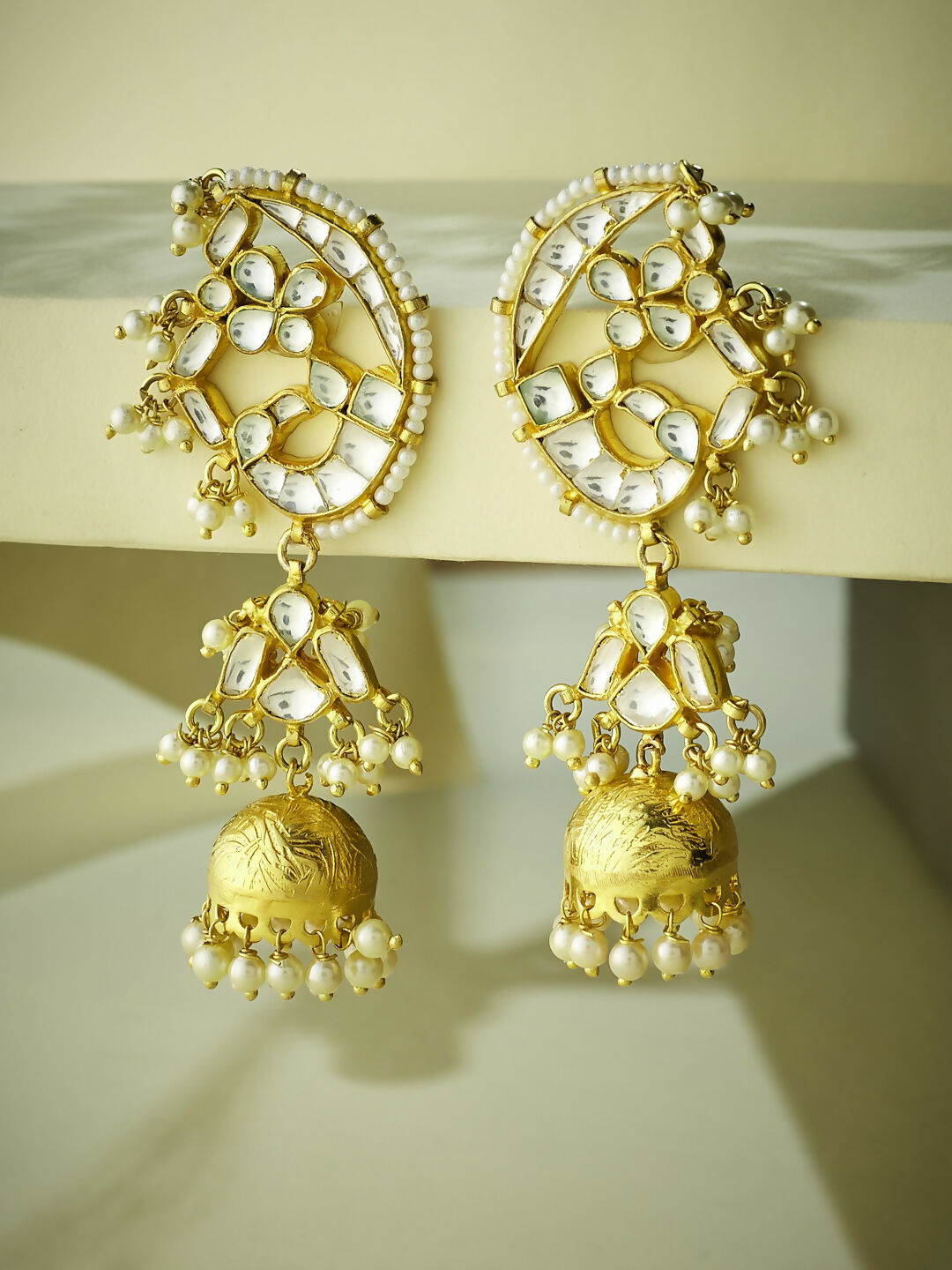 Nuyug 22K Gold-Plated Elegant Kundan Stone Studded & Pearl Drops Mini Jhumki Dangler Earrings - Distacart