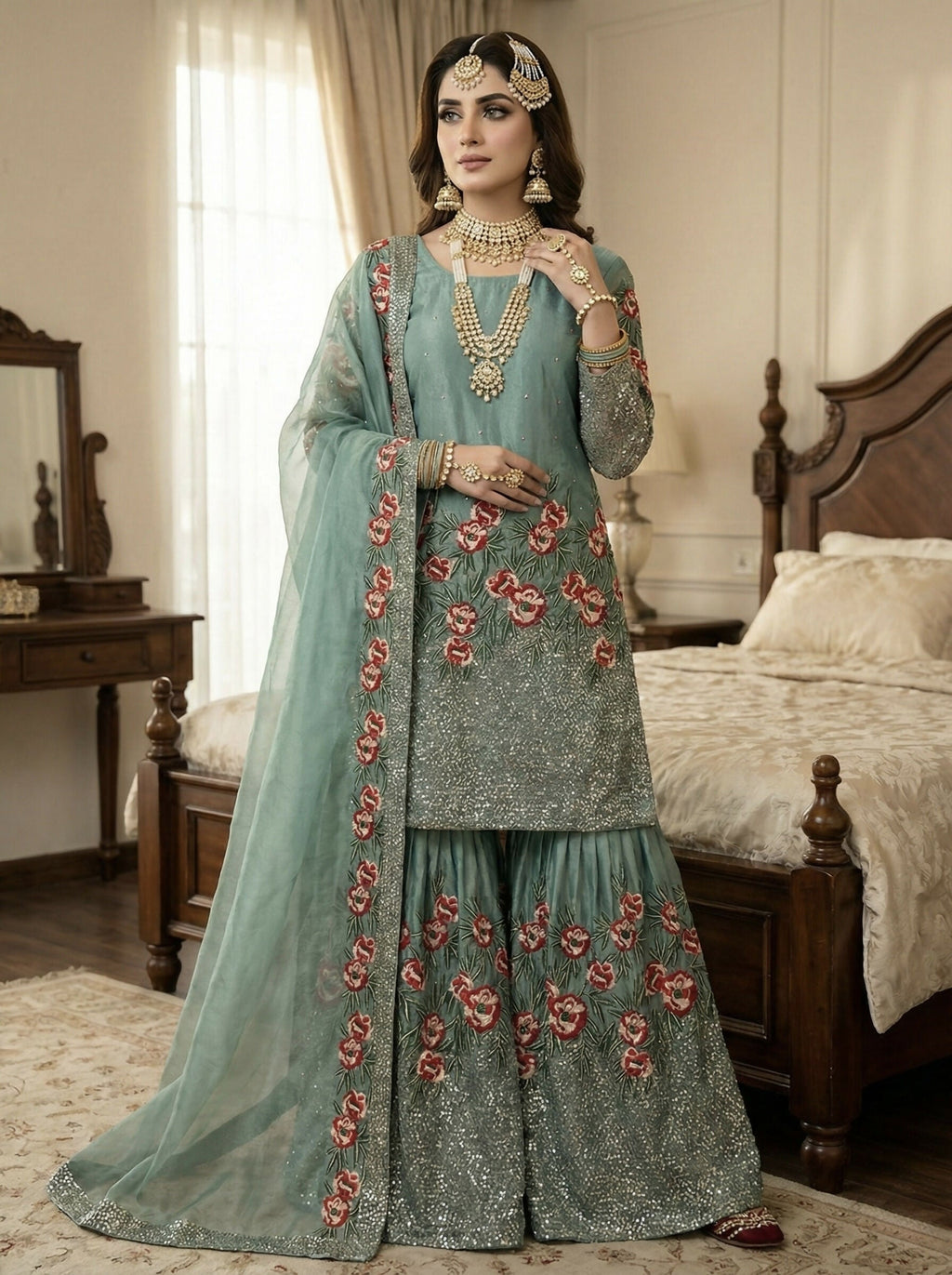 Teeya Creation Teal Fendy Silk Heavy Embroidery Work Party Wear Sharara Suit - Distacart