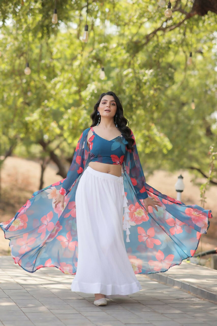Vastranavya Latest Fancy Party Wear Lehenga Choli With Shrug - Blue