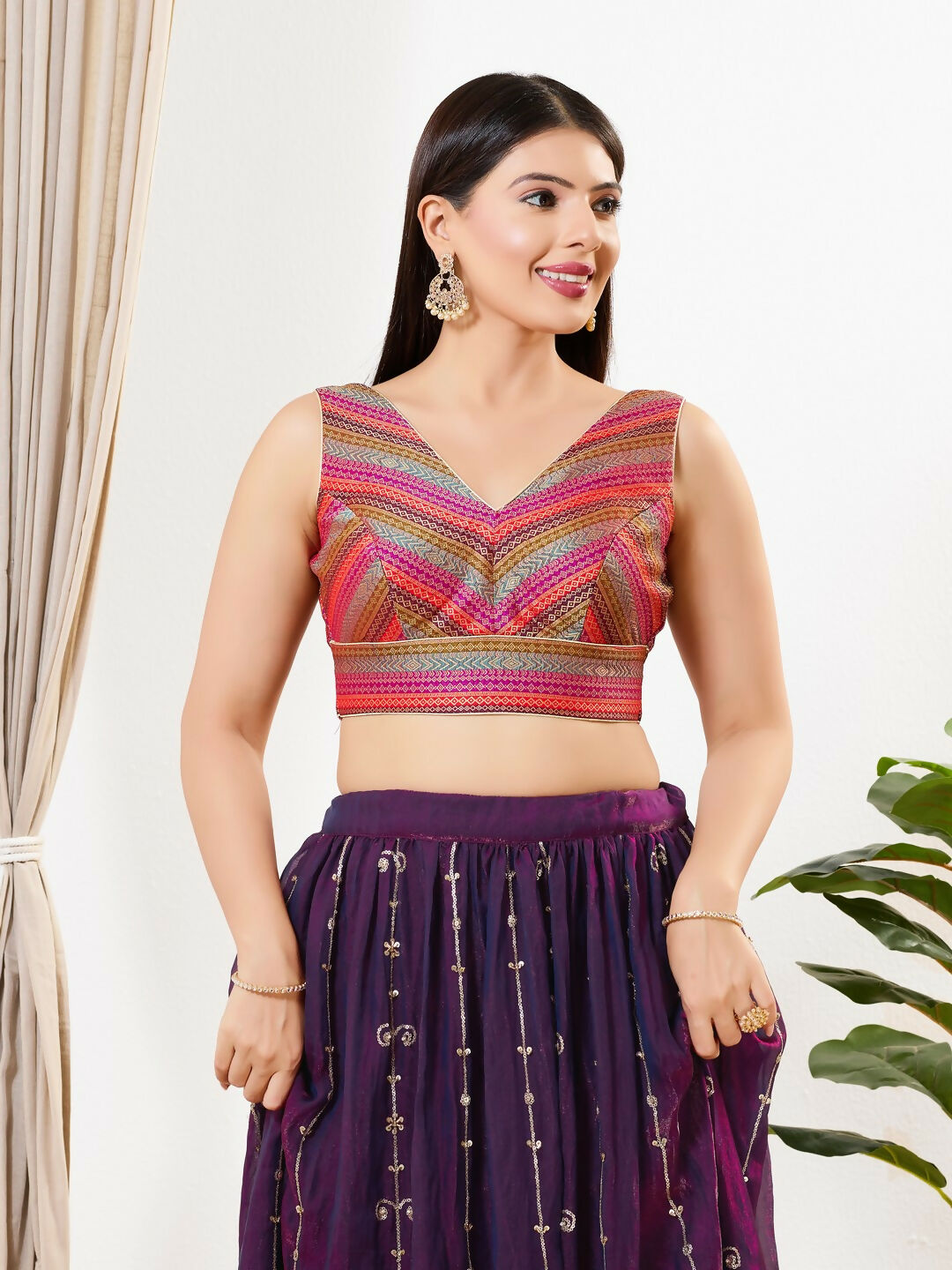 Joban Fashion Magenta Multi Brocade Padded Blouse With V Neck Sleeveless - Distacart