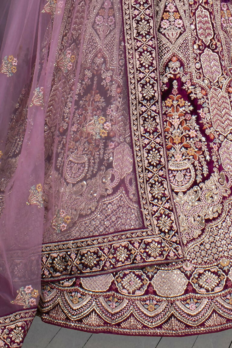 Purple Velvet Thread with Hand Work Semi Stitched Lehenga Choli with Dupatta - Nimaya Lagnotsav