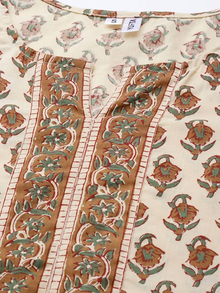 Yufta Women Beige Ethnic Motifs Printed Pure Cotton Kurta with Trouser & Dupatta