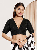 Joban Fashion Black Sequin Padded Blouse With V Neck Elbow Sleeves - Distacart