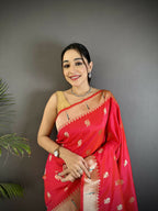 Joban Fashion Pink Peacock & Floral Motifs Soft Silk Kanchipuram Saree - Distacart