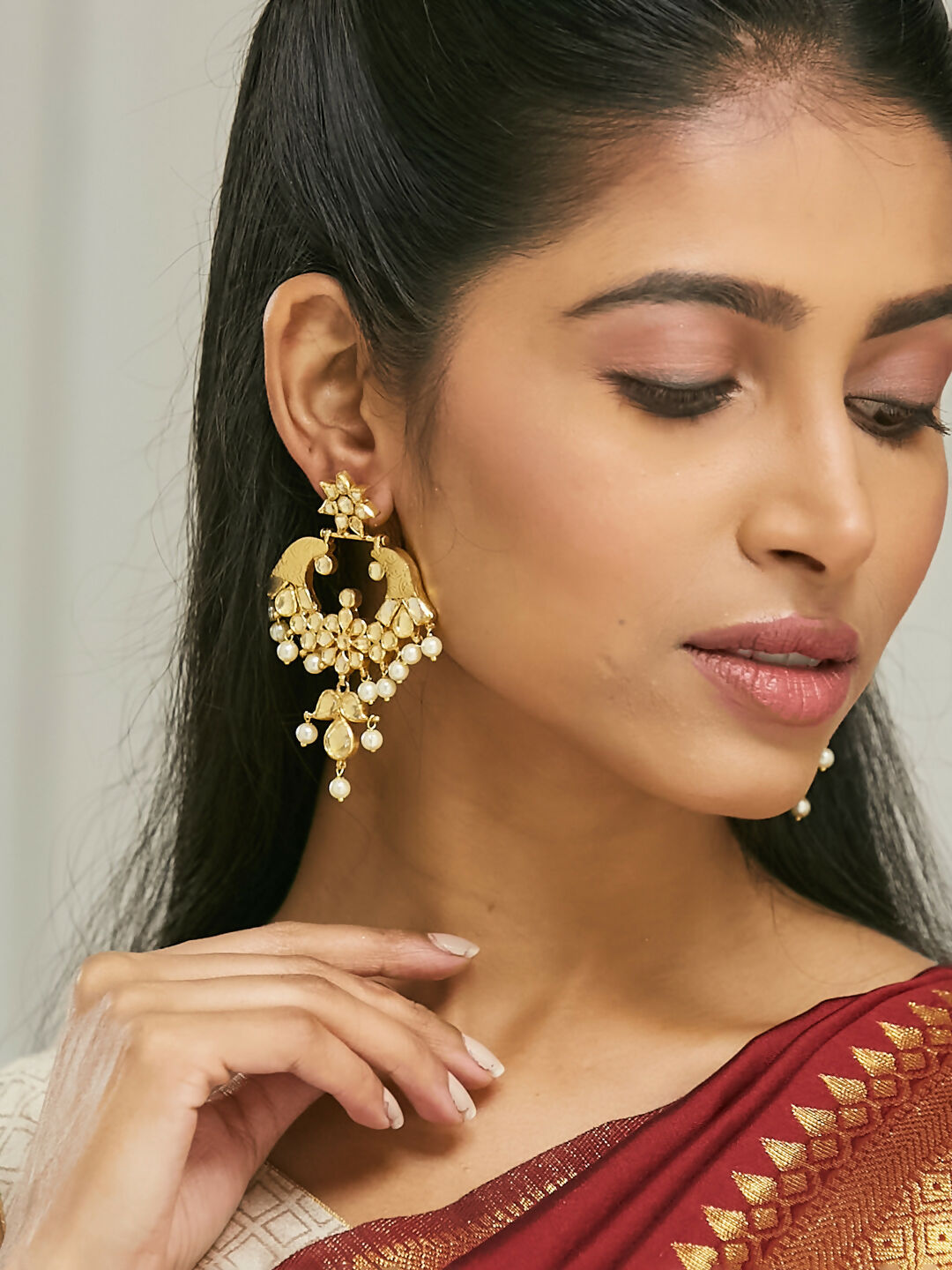 Nuyug 22K Gold-Plated Kundan and Pearl Earrings with Floral Stud and Intricate Crescent Design Chandbalis - Distacart