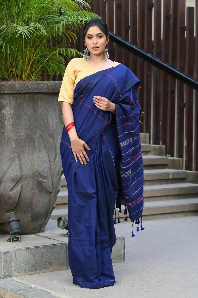 Beatitude Blue Khadi Ghicha Stripes Saree
